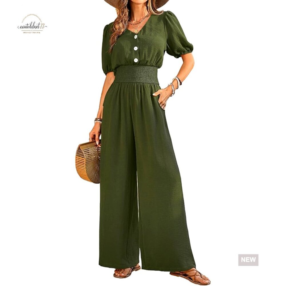 Small V-Neck Short Sleeve Wide Leg Jumpsuit Polyester Summer Romper
